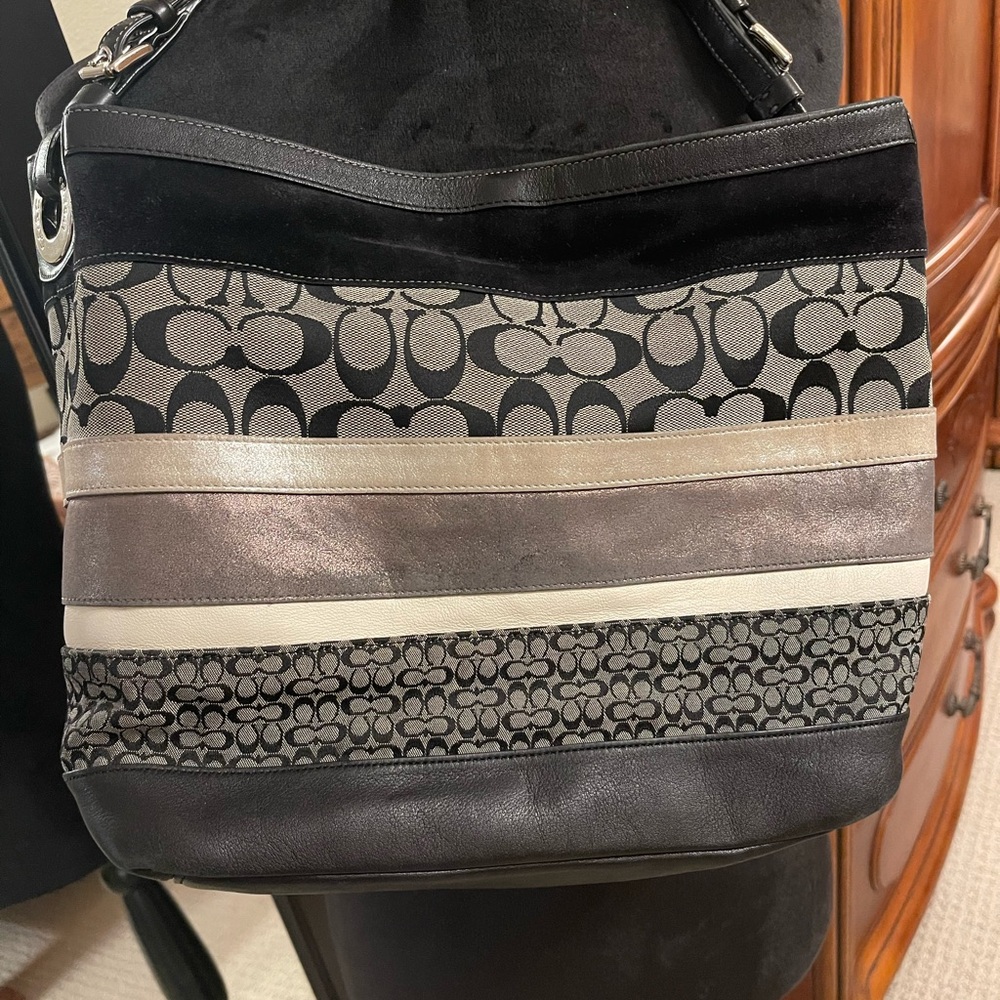 Stylish Black and Gray Coach Signature Striped Handbag